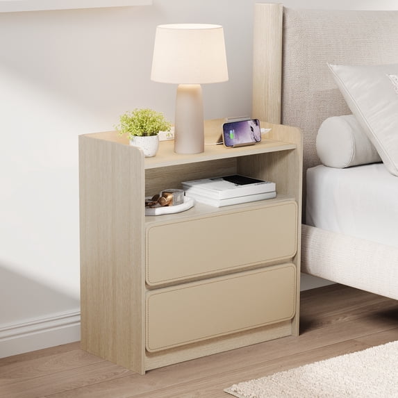 Satifur Nightstand with Charging Station, Saddle Leather Top & Drawer Surface Bedside Table, Open Shelf, Versatile End Table for Bedroom Living Room Entryway