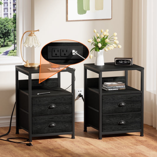 Satifur Nightstand Set of 2, Side End Table with Charging Station, Black Oak