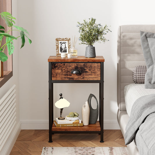 Satifur Nightstand for Bedroom,3-Tier End Table with Drawer,Rustic Brown