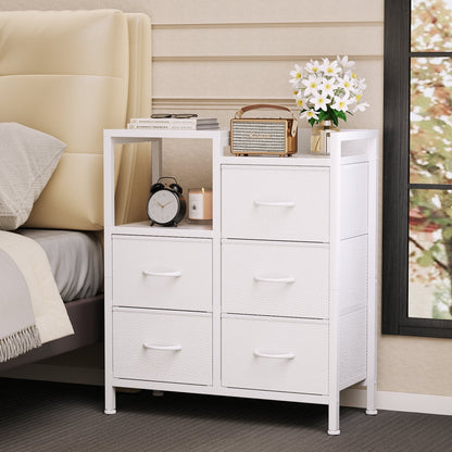 Satifur Nightstand for Bedroom, 3 Tier Wide Dresser with 5 Fabric Drawers, Wood Top and Metal Frame, White