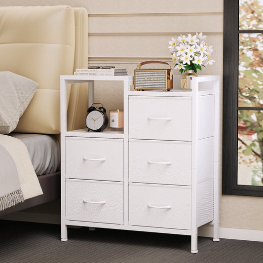Satifur Nightstand for Bedroom, 3 Tier Wide Dresser with 5 Fabric Drawers, Wood Top and Metal Frame, White