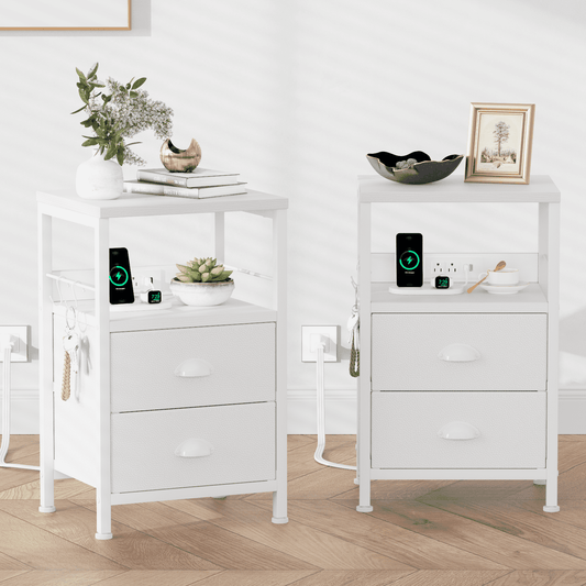 Satifur Nightstand with Charging Station, Bedside End Table with Fabric Drawers,Outlets & USB Ports,White,Set of 2