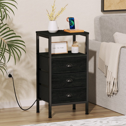 Satifur Nightstand with Charging Station Bedside Table with Fabric Storage Drawers, Black Oak