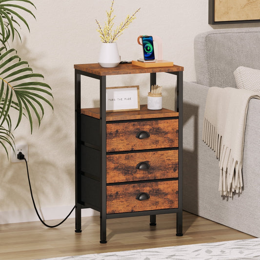 Satifur Nightstand with Charging Station Bedside Table with Fabric Storage Drawers, Rustic Brown