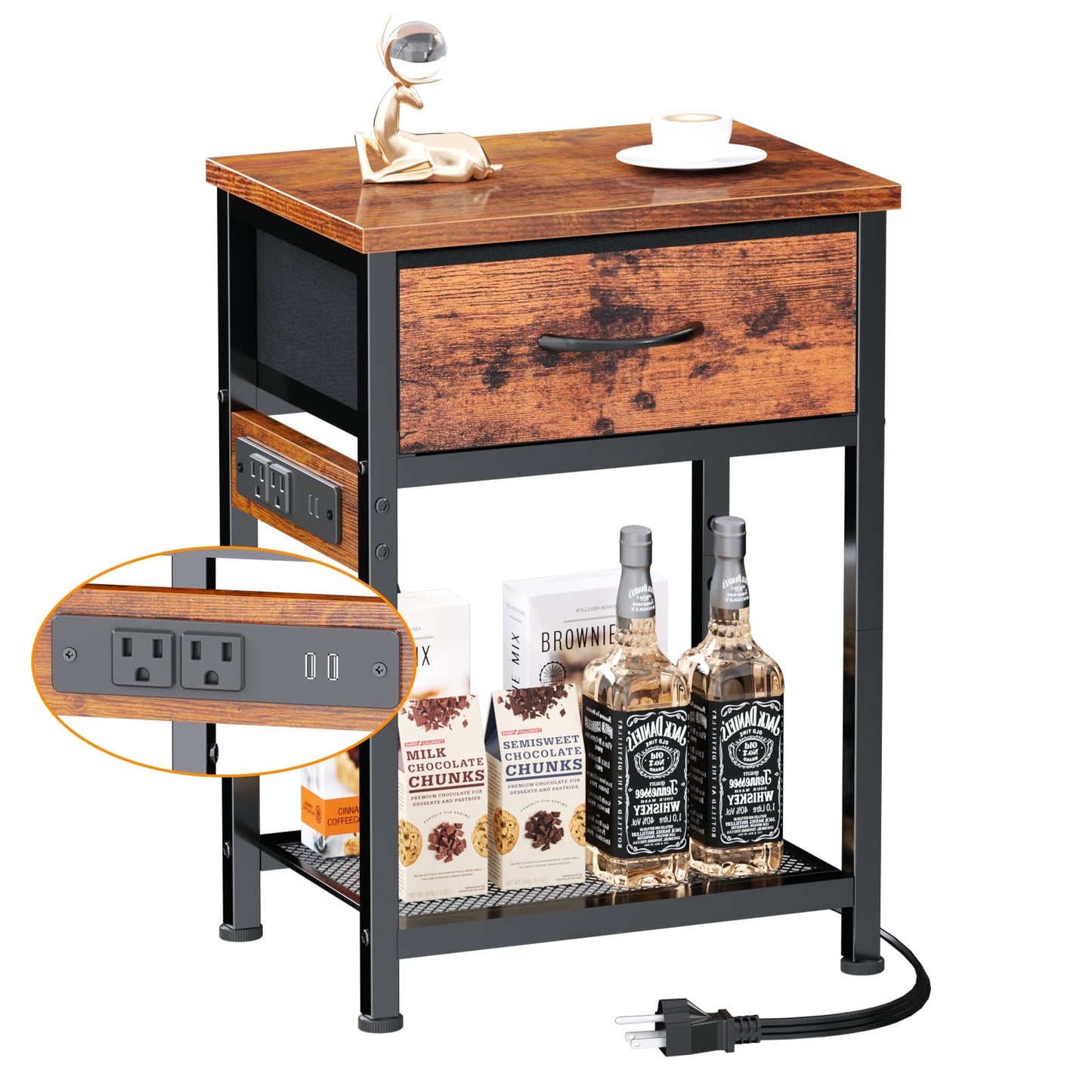 Satifur Nightstand with Charging Station for Bedroom,Side End Table with Outlets & USB Ports,Rustic Brown