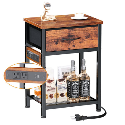 Satifur Nightstand with Charging Station for Bedroom,Side End Table with Outlets & USB Ports,Rustic Brown