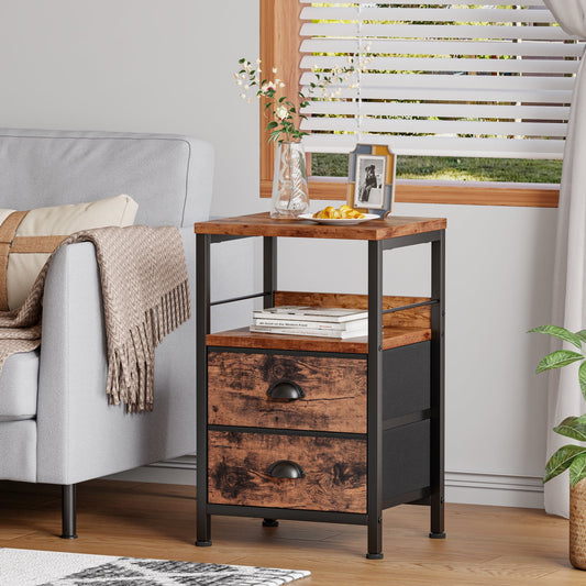 Satifur Nightstand with 2 Fabric Drawers & Shelf, Bedside End Table for Bedroom, Rustic Brown