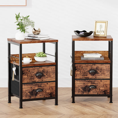 Satifur Nightstand with Drawers & Shelf,Set of 2 Bedside End Table for Bedroom,Rustic Brown