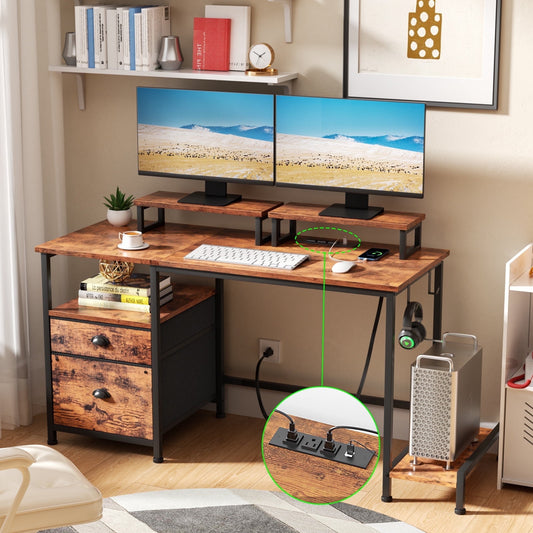 Satifur Office Desk with Drawers & Charging Station, Gaming Desk with Movable Monitor Stands, Corner Desk with Storage Shelves & File Cabinet, Rustic Brown