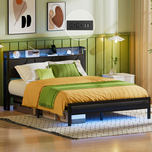 Satifur Queen Bed Frame Farmhouse Style with Storage Upholstered Headboard & Charging Station, Black