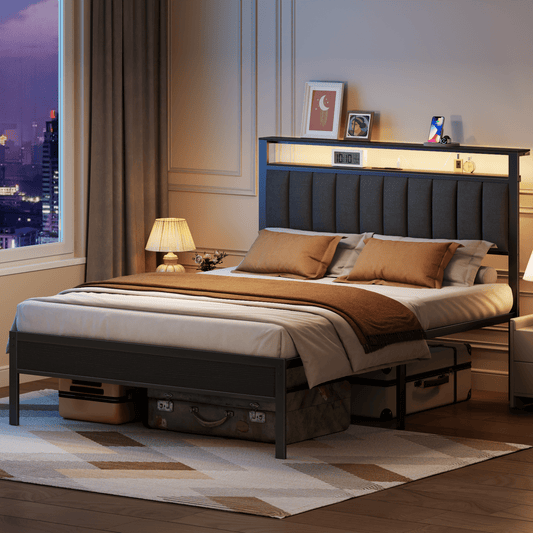 Satifur Queen LED Bed Frame with Smart RGB Lights, Headboard Charging Station, Versatile Storage Solution, Comfortable Upholstered Backrest, No Box Spring Needed