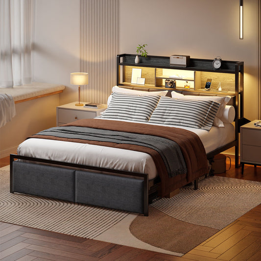 Satifur Queen Size Bed Frame with High LED Storage Headboard Shelf, Metal Bed Platform, Black