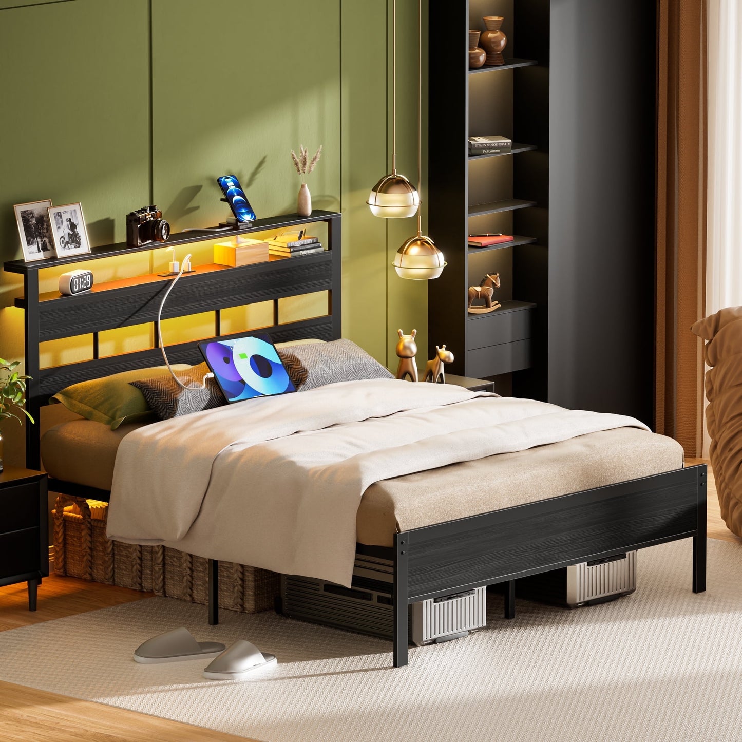 Satifur Queen Size Bed Frame with Upholstered Storage Headboard and LED Light, Platform Bed with Metal Slats, Noise Free Design
