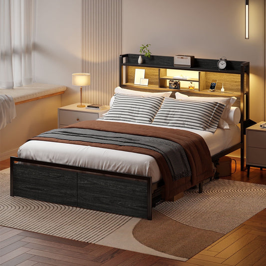 Satifur Queen Size LED Light Bed Frame with Storage Shelf and USB Ports, Full Bed with Drawers and RGB LED Lights