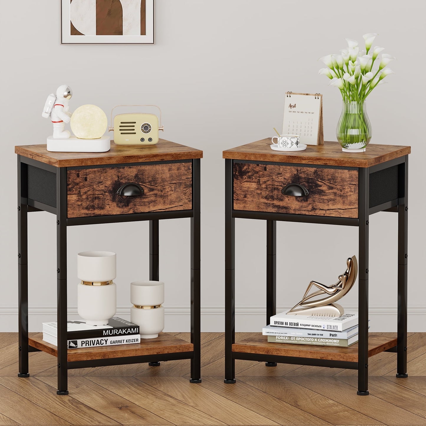 Satifur Set of 2 Nightstand for Bedroom,3-Tier End Table with Drawer,Rustic Brown
