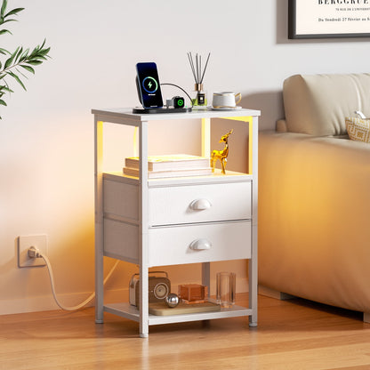 Satifur Side Table with Light, Charging Station, White Nighstand for Bedroom, Living Room