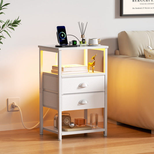 Satifur Side Table with Light, Charging Station, White Nighstand for Bedroom, Living Room