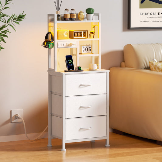 Satifur Tall Nightstand with Charging Station and LED Lights, Bedside Table with Drawers and Bookshelf, Whit