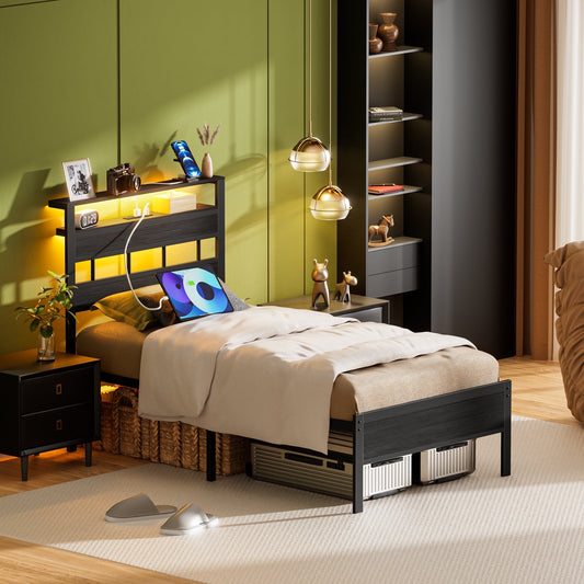 Satifur Twin Size Bed Frame with Upholstered Storage Headboard and LED Light, Platform Bed with Metal Slats, Noise Free Design