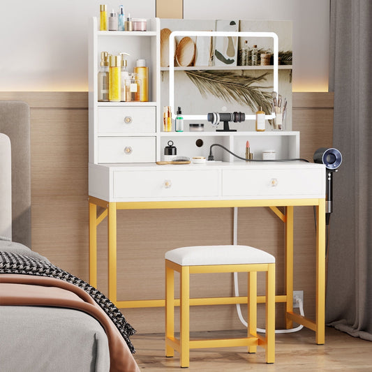 Satifur Vanity Desk Set with Light Mirror & Power Outlet, Makeup Table with Drawers, Adjustable Cabinet/Makeup Vanity Stool for Women, Girls