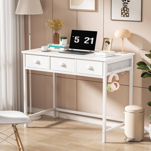 Satifur White Desk with Drawers & Hooks, Computer Writing Desk with 3 Fabric Drawers for Bedroom, Home Office
