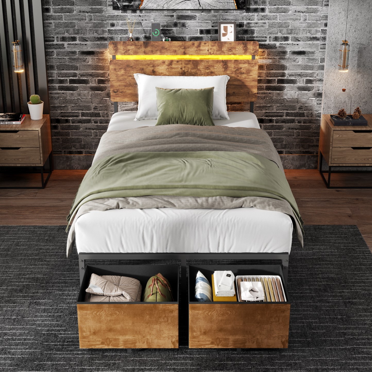 Satifur Twin Size Bed Frame with 2 Drawers & LED Lights & Charging Station, Beds with Headboard & 10.10" Under Bed Storage, No Box Spring Needed, Easy Assembly, Rustic Brown