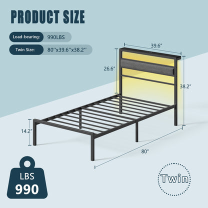 Tydimor Twin Size Bed Frame with USB Charging Station, LED Lights & Upholstered Headboard & Shelf, Metal Black