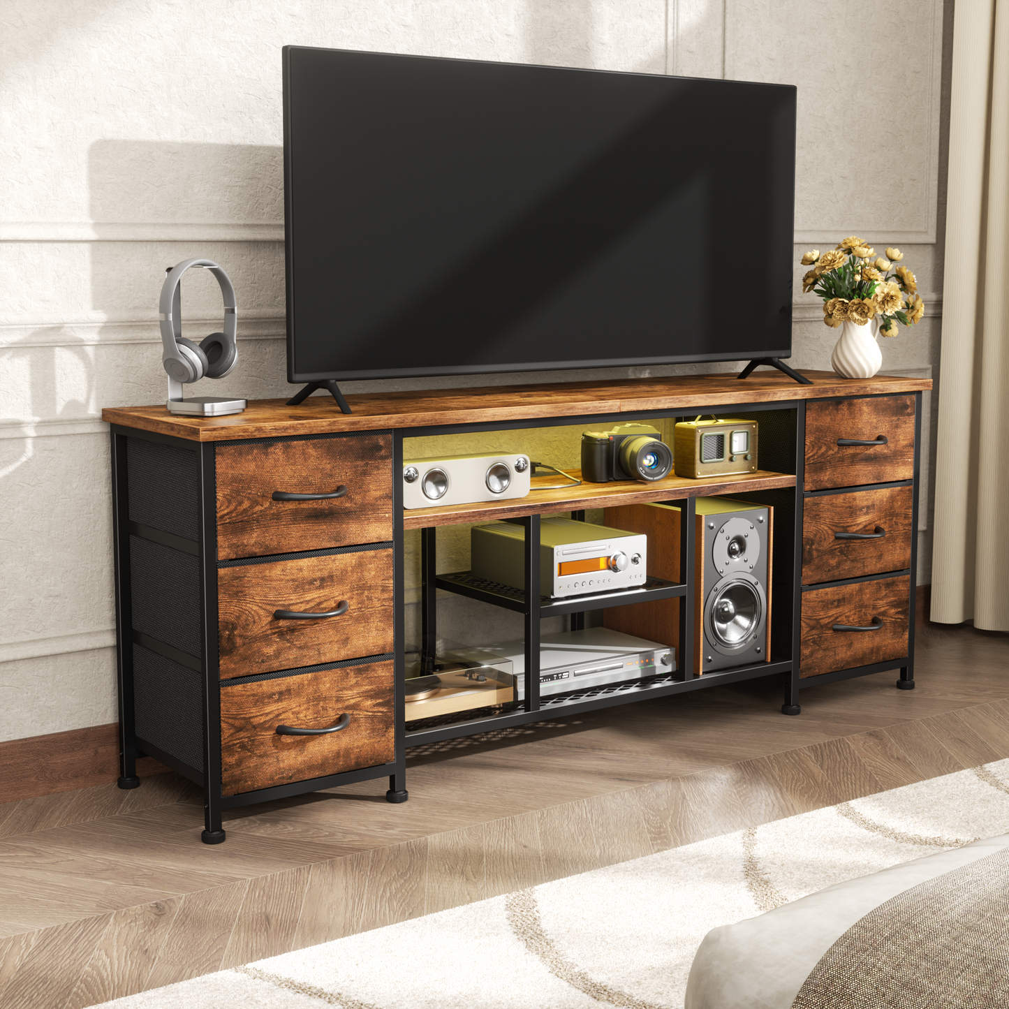 Tydimor Modern TV Stand for TVs up to 60", LED Entertainment Center with Power Outlets and 6 Drawers, Media Console with Storage for Living Room, Rustic Brown