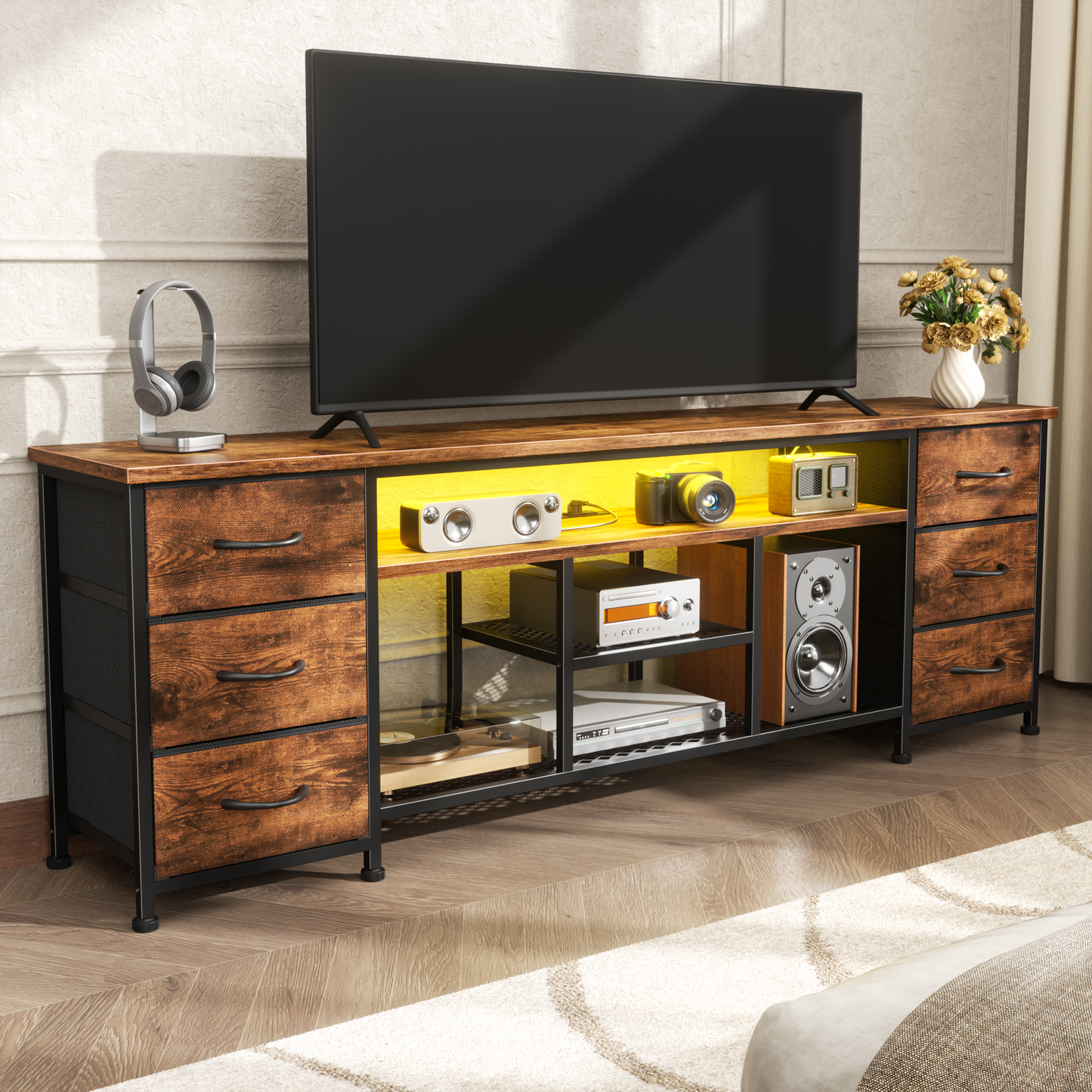 Tydimor Modern TV Stand for TVs up to 75", LED Entertainment Center with Power Outlets and 6 Drawers, Media Console with Storage for Living Room, Rustic Brown