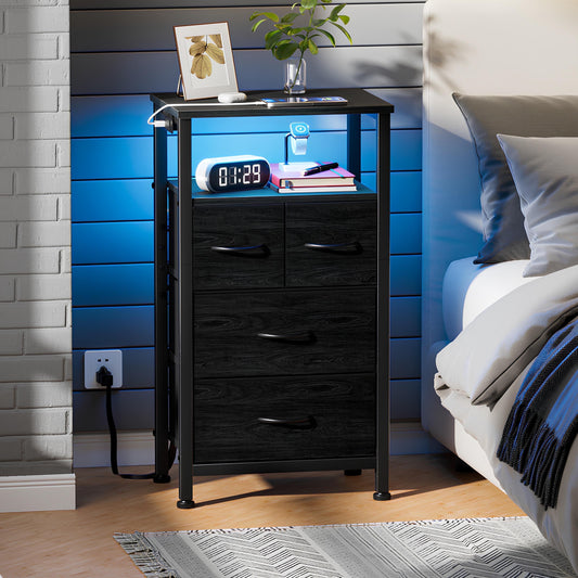 TYDIMOR 4 Drawer Dresser,Small Dresser with Charging Station and LED, Black, for Bedroom and Living Room