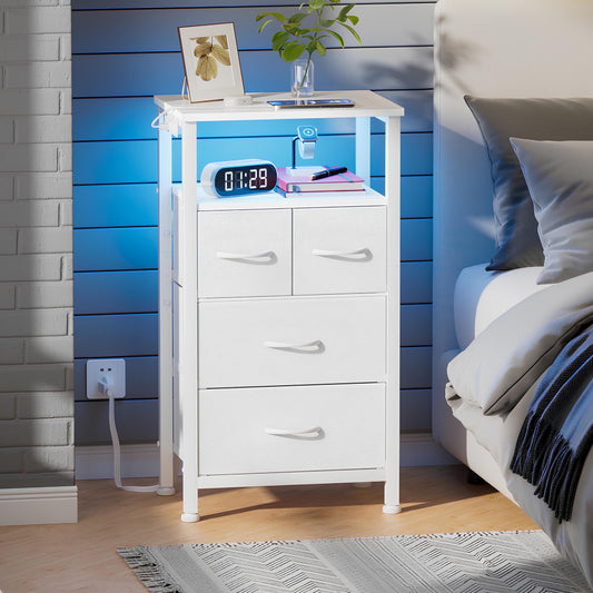 TYDIMOR 4 Drawer Dresser,Small Dresser with Charging Station and LED, White, for Bedroom and Living Room
