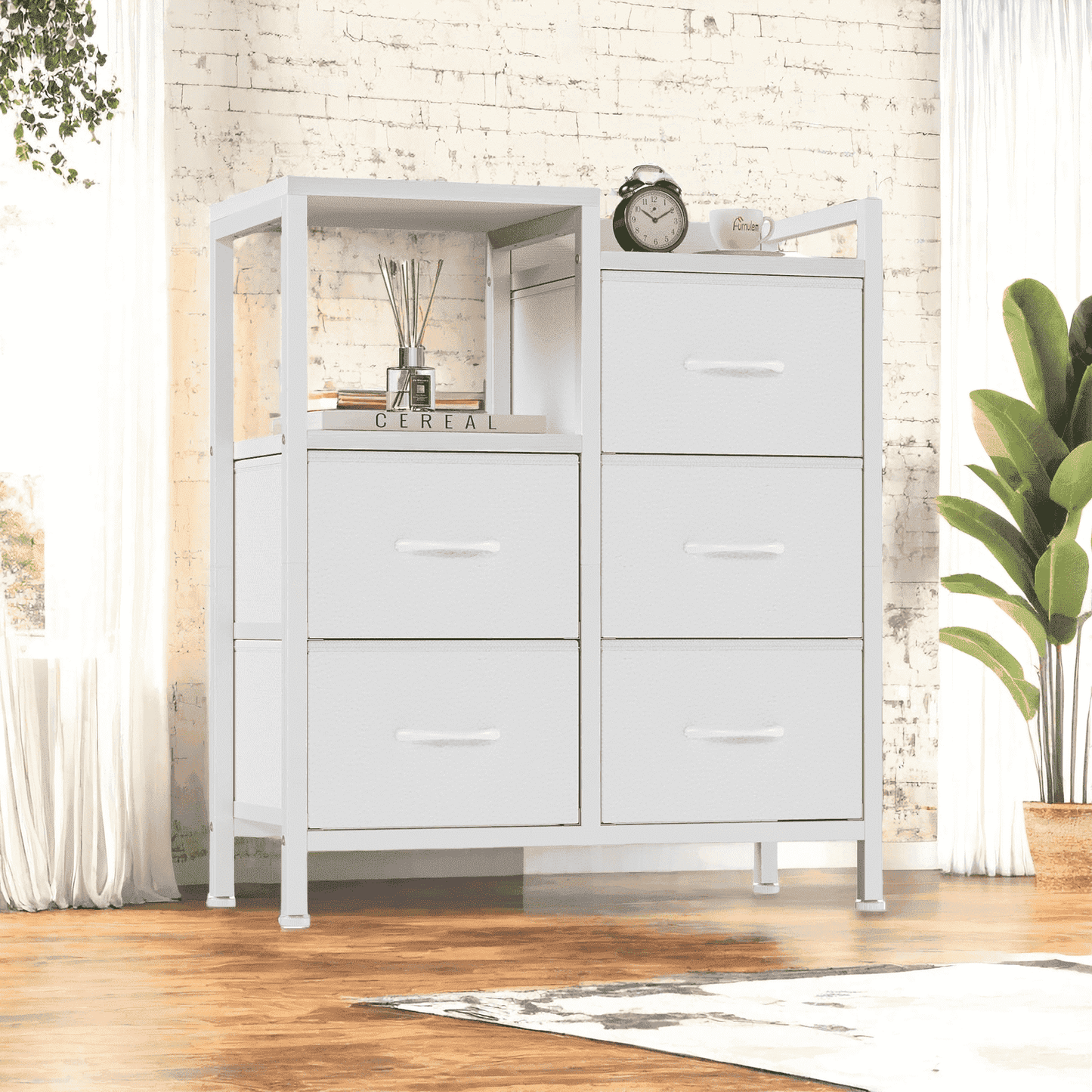 TYDIMOR 5 Drawer Fabric Dresser for Bedroom, White Chest for Closet & Living Room, Ideal for Adults