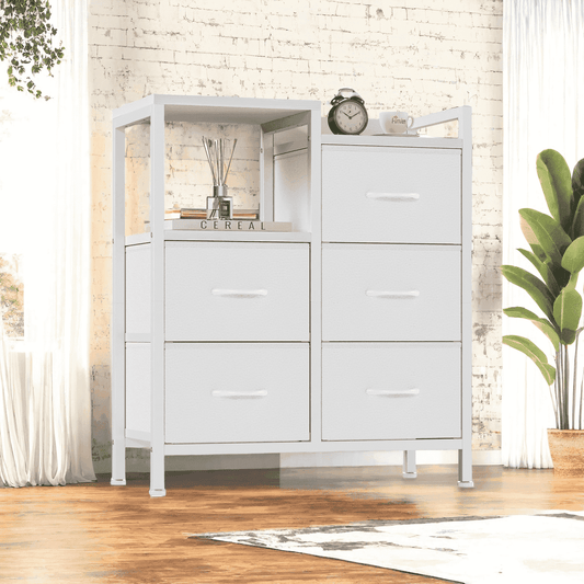 TYDIMOR 5 Drawer Fabric Dresser for Bedroom, White Chest for Closet & Living Room, Ideal for Adults