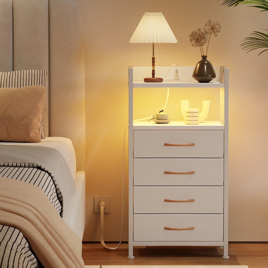 TYDIMOR Dresser Bedside Table with Charging Station, 4 Drawer Nightstand for Bedroom Furniture, White, Modern Style, Adults