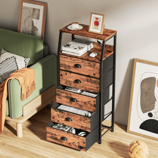 TYDIMOR Fabric Dresser for Bedroom, 5 Drawer Chest of Drawers, Browun, Ideal for Adults