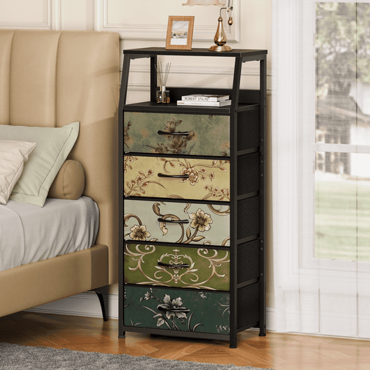 TYDIMOR Fabric Dresser for Bedroom, 5 Drawer Chest of Drawers, Retro Flower, Ideal for Adults