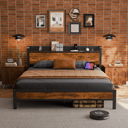 Tydimor Queen RGB LED Strip Platforrm Bed Frames with Headboard Metal, Storage Shelves & Underbed, Niose Free, No Box Spring Needed