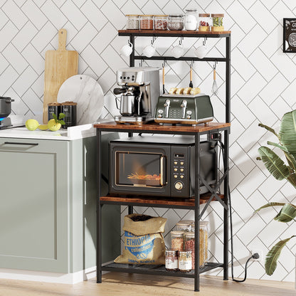 TYDIMOR Kitchen Bakers Rack with Outlets, Coffee Bar Table 4 Tiers Microwave Stand, Brown
