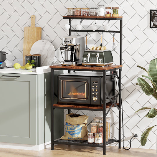 TYDIMOR Kitchen Bakers Rack with Outlets, Coffee Bar Table 4 Tiers Microwave Stand, Brown