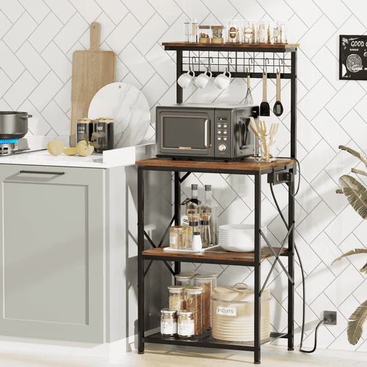 TYDIMOR Kitchen Bakers Rack with Outlets, Coffee Bar Table 4 Tiers Microwave Stand, Brown