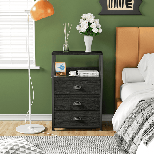 TYDIMOR Nightstand Bedside Table, 3 Drawer Dresser for Bedroom Furniture, Steel, Wood, Black Fabric Drawers