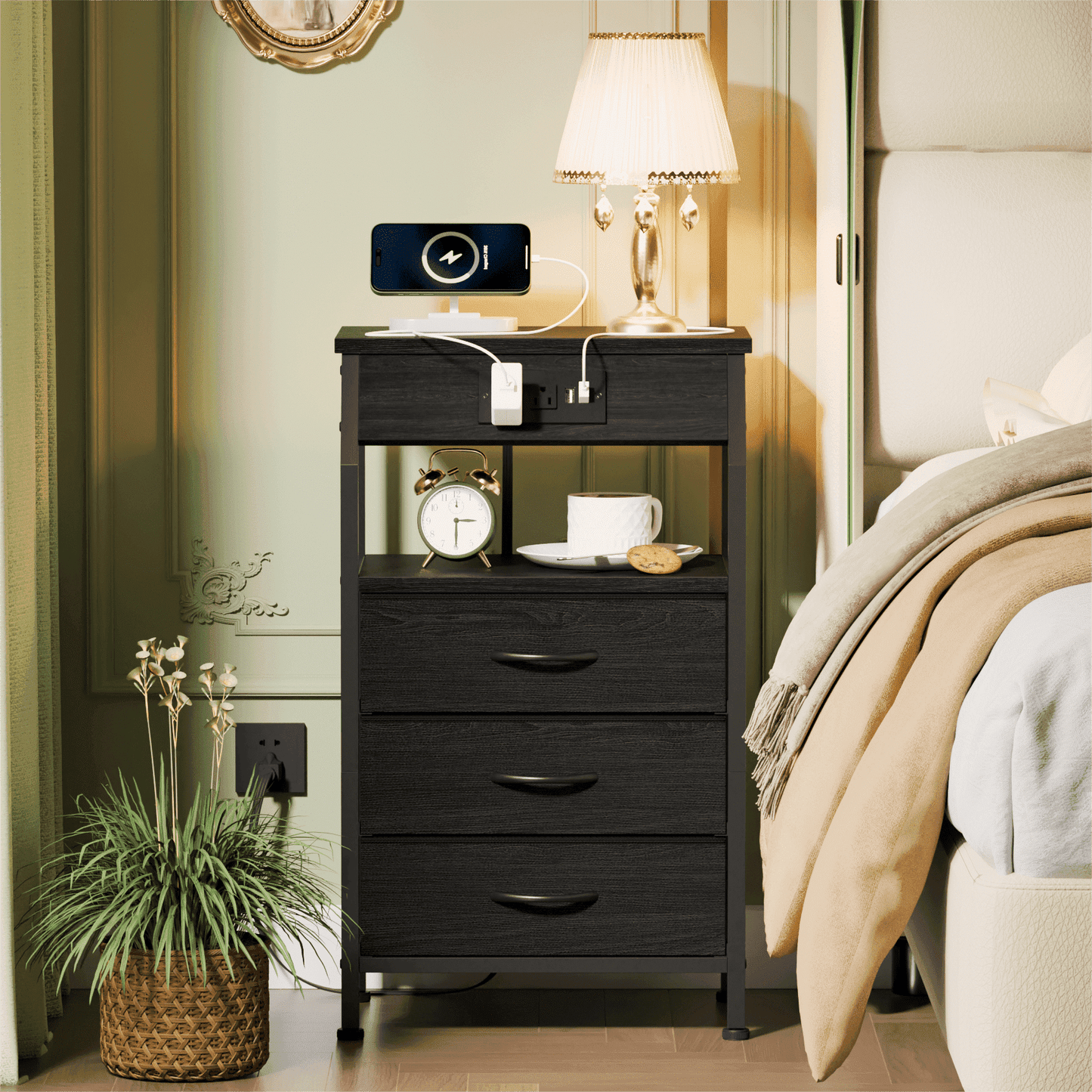 TYDIMOR Nightstand Bedside Table with Charger Station, 3 Drawer Dresser for Bedroom, Black, Adult