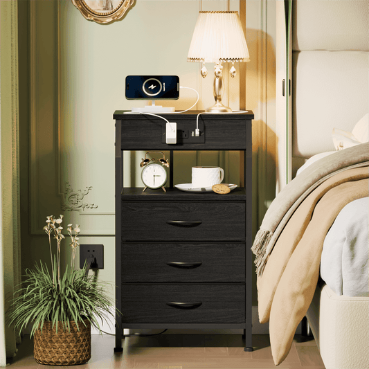 TYDIMOR Nightstand Bedside Table with Charger Station, 3 Drawer Dresser for Bedroom, Black, Adult