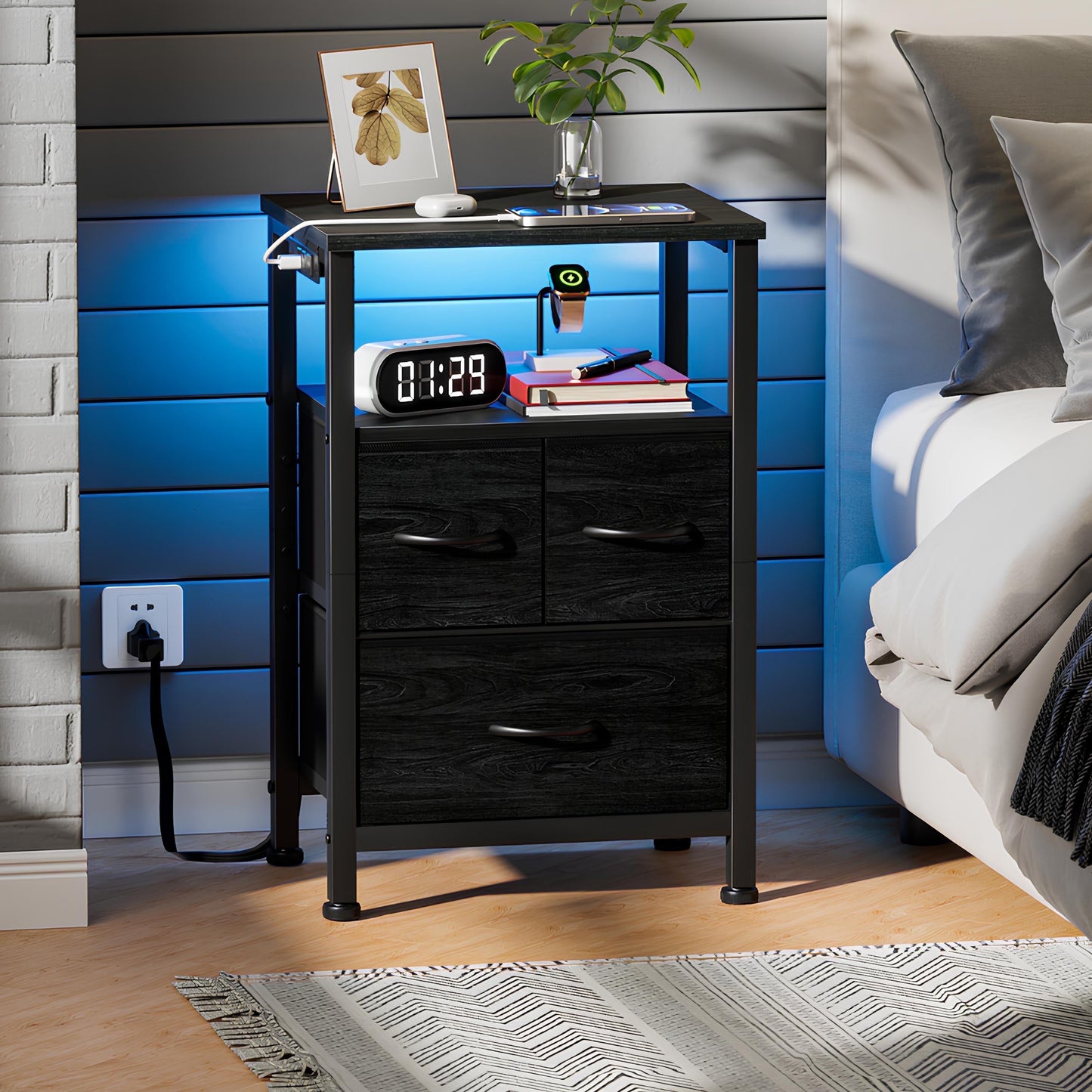 TYDIMOR Nightstand Bedside Table with Charging Station, 3 Drawer Dresser for Bedroom Furniture, Black, Modern Style, Adults