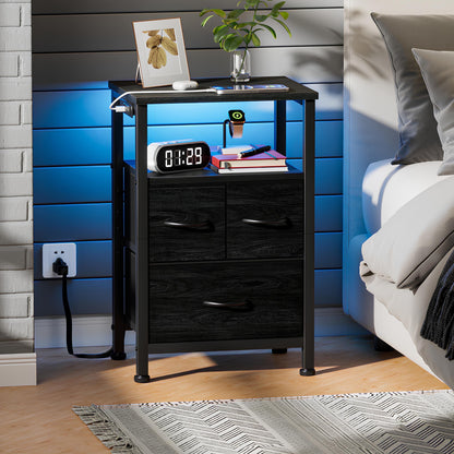 TYDIMOR Nightstand Bedside Table with Charging Station, 3 Drawer Dresser for Bedroom Furniture, Black, Modern Style, Adults