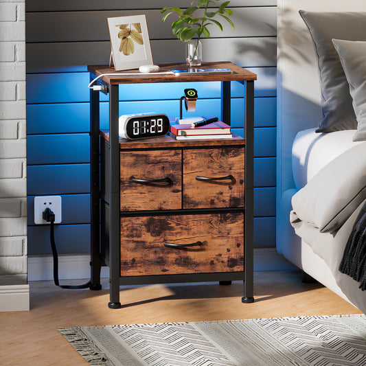 TYDIMOR Nightstand Bedside Table with Charging Station, 3 Drawer Dresser for Bedroom Furniture, Brown, Modern Style, Adults