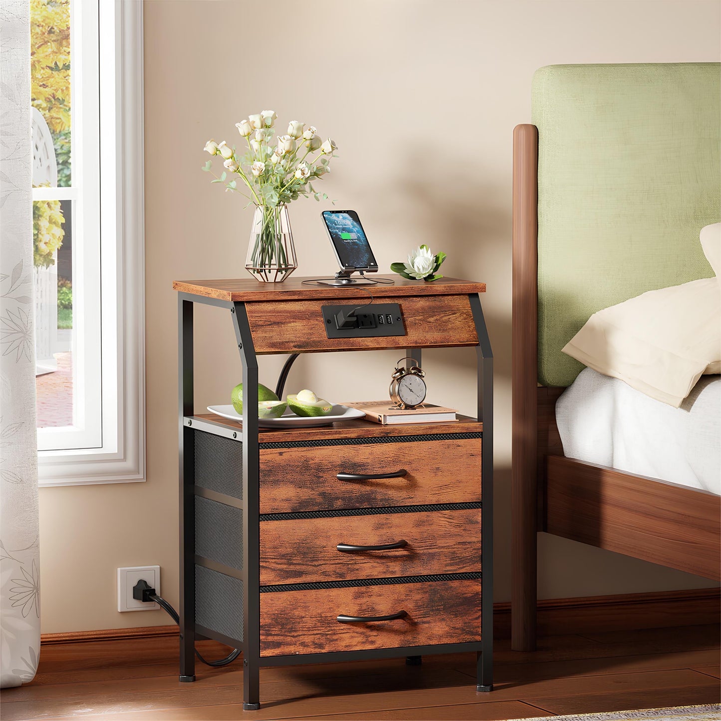 TYDIMOR Nightstand Bedside Table with Charging Station, 3 Drawer Dresser for Bedroom Furniture Steel, Wood, Brown Fabric Drawers