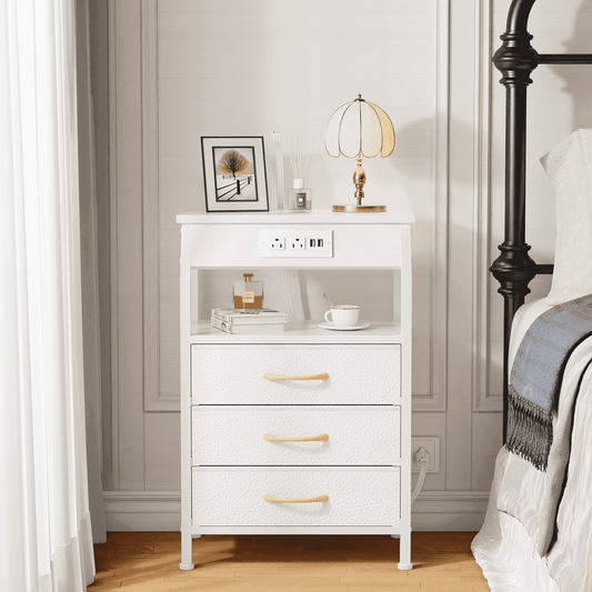 TYDIMOR Nightstand Bedside Table with Charging Station, 3 Drawer Dresser for Bedroom Furniture, White, Modern Style, Adults