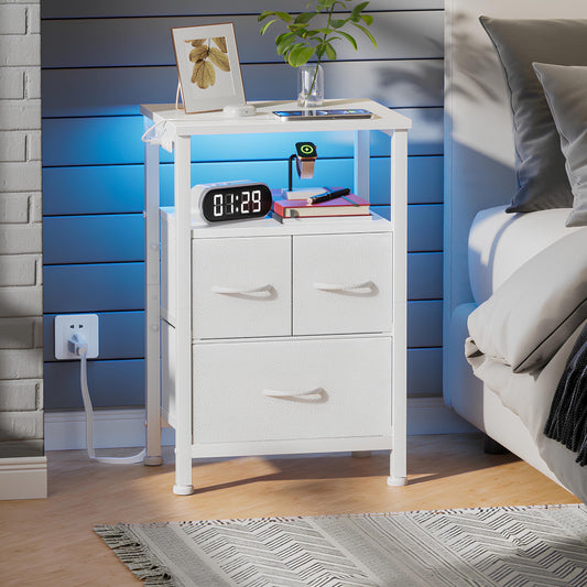 TYDIMOR Nightstand Bedside Table with Charging Station, 3 Drawer Dresser for Bedroom Furniture, White, Modern Style, Adults