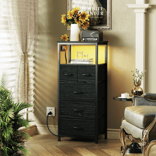 TYDIMOR Small Dresser for Bedroom, 5 Drawer with Charging Station, Black, Ideal for Adults